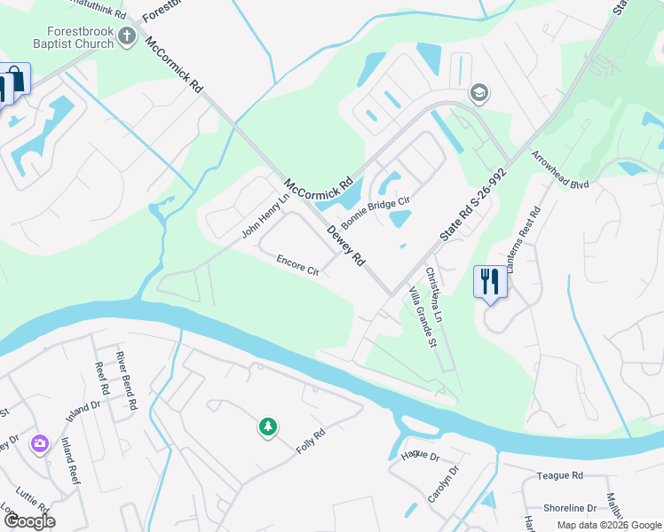 map of restaurants, bars, coffee shops, grocery stores, and more near 277 Encore Circle in Myrtle Beach