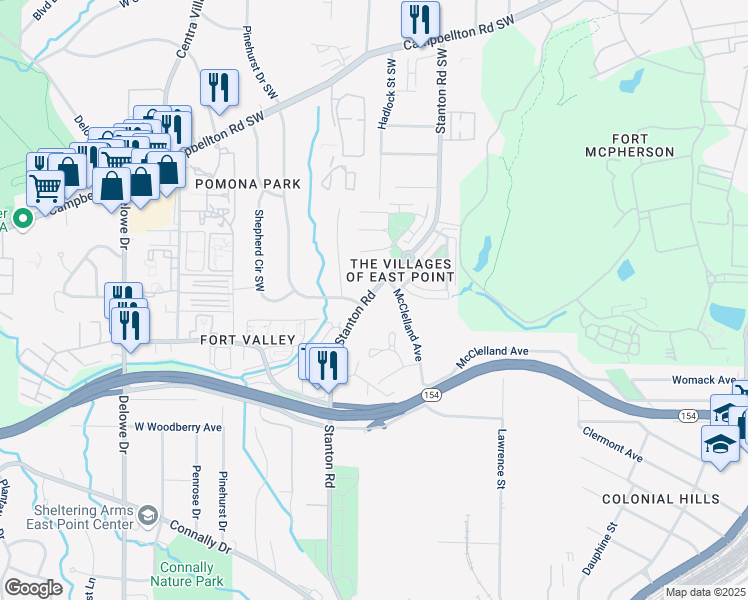 map of restaurants, bars, coffee shops, grocery stores, and more near 1934 Stanton Road in Atlanta