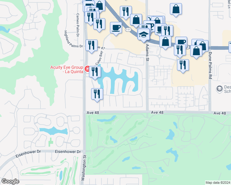 map of restaurants, bars, coffee shops, grocery stores, and more near 47715 Vía Montigo in La Quinta