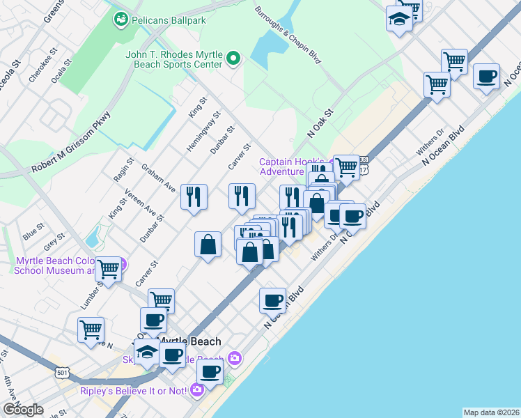 map of restaurants, bars, coffee shops, grocery stores, and more near 608 18th Avenue North in Myrtle Beach
