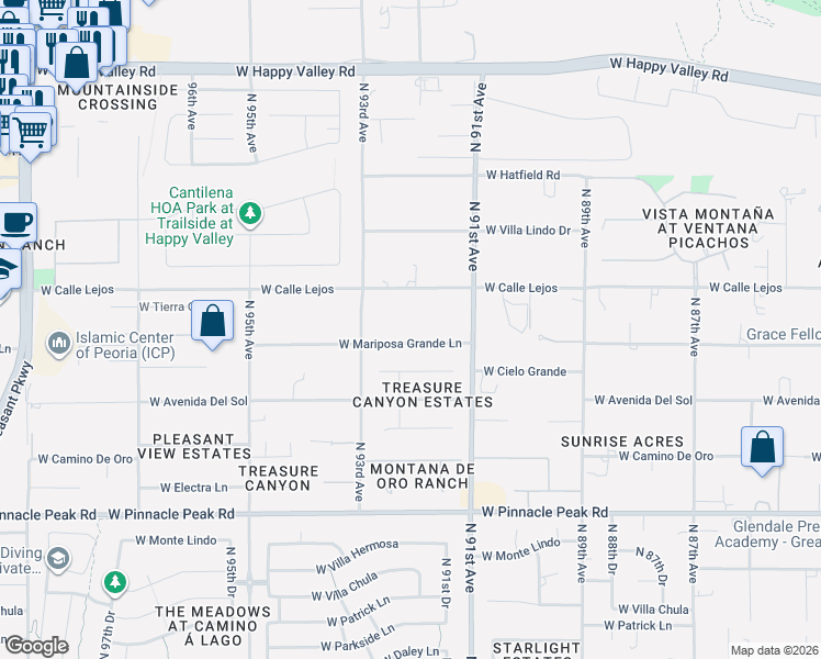 map of restaurants, bars, coffee shops, grocery stores, and more near 9144 West Mariposa Grande Lane in Peoria