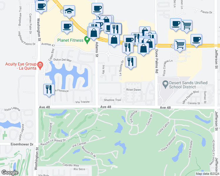 map of restaurants, bars, coffee shops, grocery stores, and more near 47750 Adams Street in La Quinta