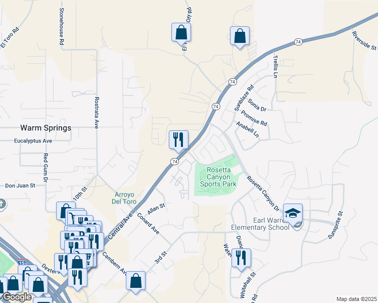 map of restaurants, bars, coffee shops, grocery stores, and more near 39571 Strada Scala in Lake Elsinore