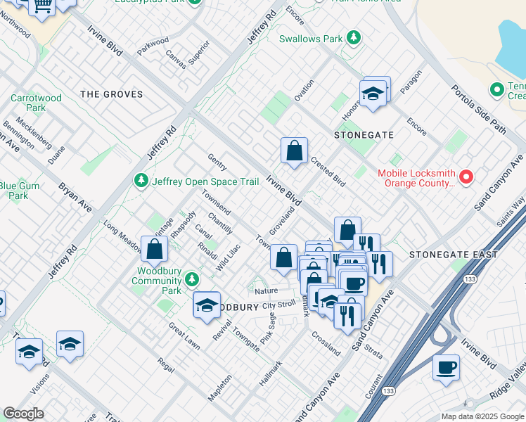 map of restaurants, bars, coffee shops, grocery stores, and more near 100 Simplicity in Irvine