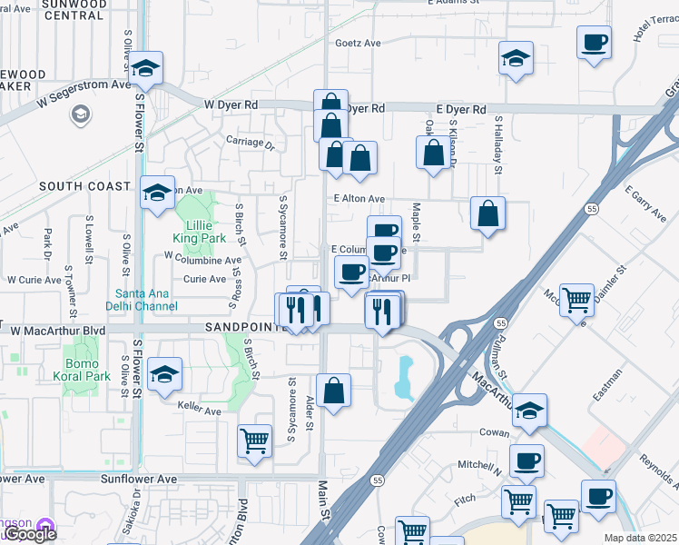 map of restaurants, bars, coffee shops, grocery stores, and more near 3411 South Main Street in Santa Ana