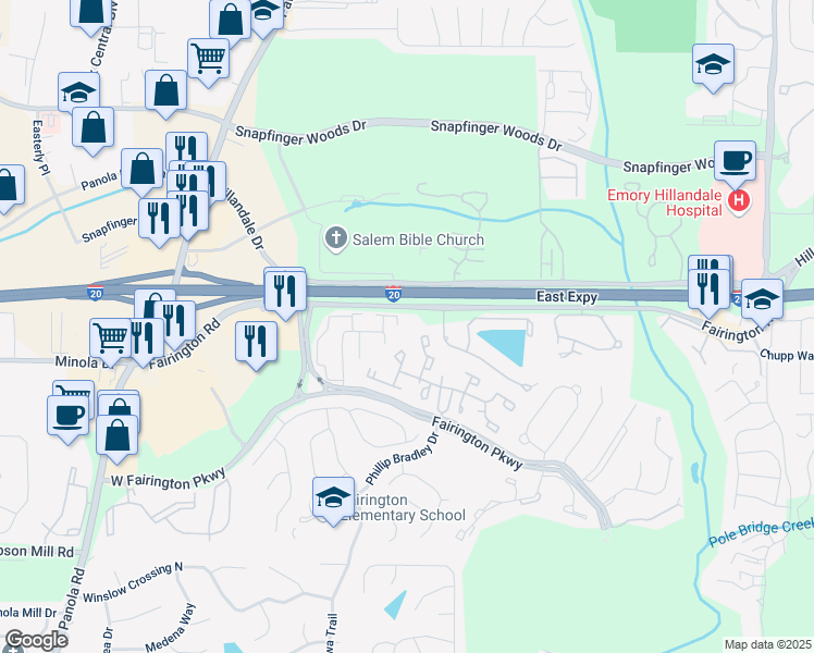 map of restaurants, bars, coffee shops, grocery stores, and more near 79 Place Fontaine in Stonecrest
