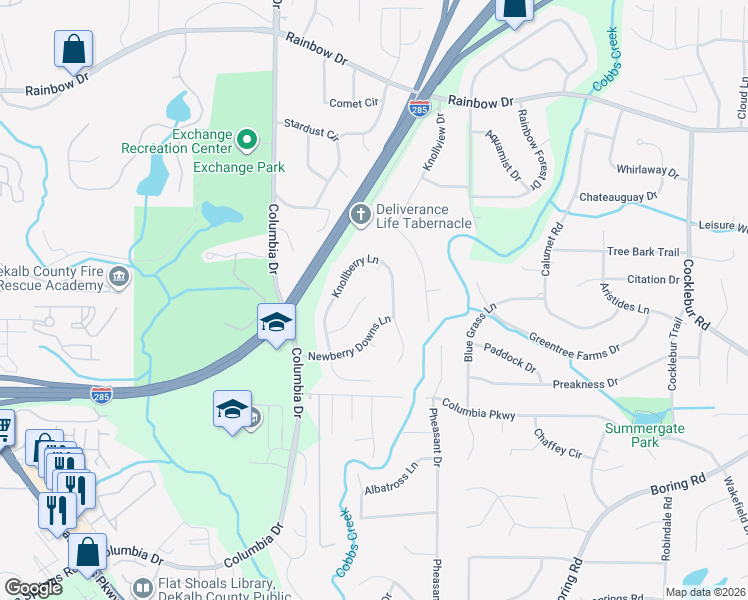 map of restaurants, bars, coffee shops, grocery stores, and more near 3493 Newberry Trail in Decatur