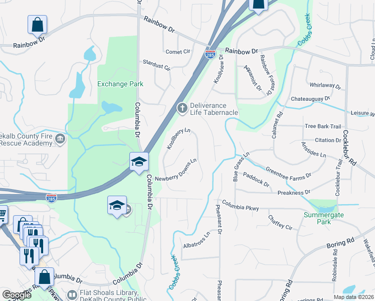 map of restaurants, bars, coffee shops, grocery stores, and more near 3481 Newberry Trail in Decatur