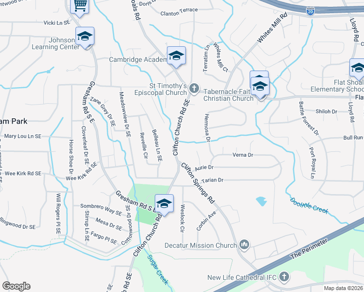 map of restaurants, bars, coffee shops, grocery stores, and more near 2892 Clifton Church Road Southeast in Atlanta