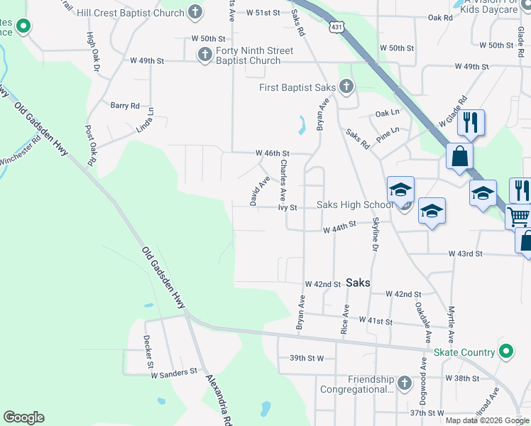 map of restaurants, bars, coffee shops, grocery stores, and more near 930 Ivy Street in Anniston