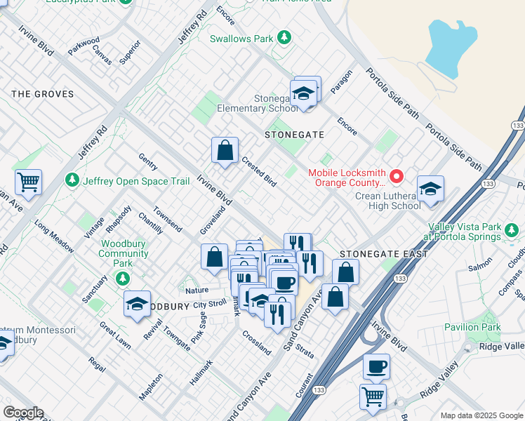 map of restaurants, bars, coffee shops, grocery stores, and more near 7102 Mirasol in Irvine