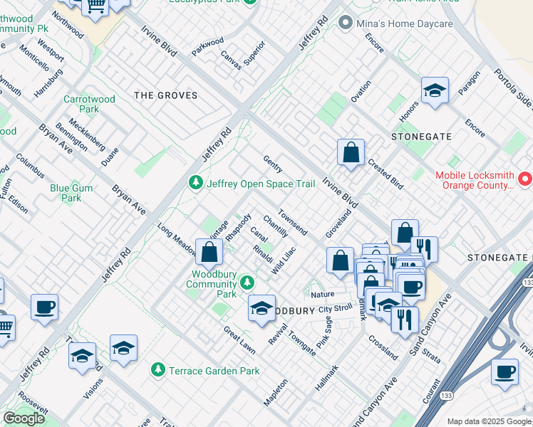 map of restaurants, bars, coffee shops, grocery stores, and more near 65 Chantilly in Irvine