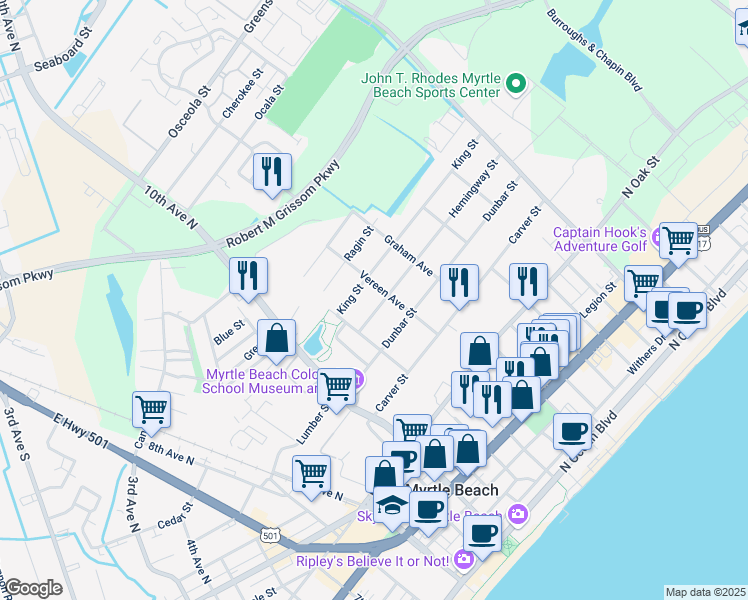 map of restaurants, bars, coffee shops, grocery stores, and more near 1109 Hemingway Street in Myrtle Beach