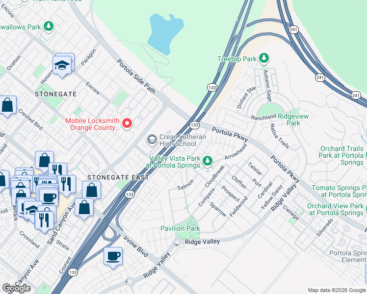 map of restaurants, bars, coffee shops, grocery stores, and more near 107 Kestrel in Irvine