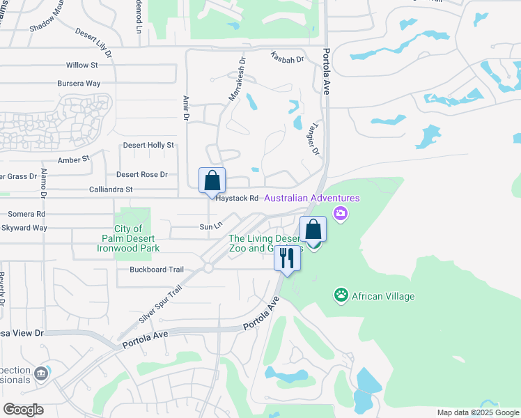 map of restaurants, bars, coffee shops, grocery stores, and more near 47817 Sun Corral Trail in Palm Desert