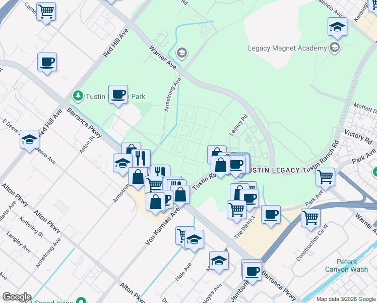 map of restaurants, bars, coffee shops, grocery stores, and more near 16376 Veterans Way in Irvine