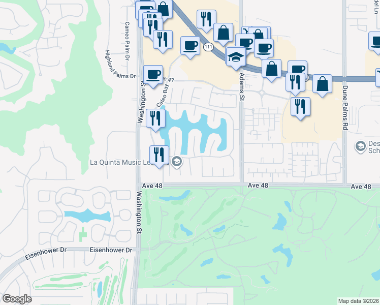 map of restaurants, bars, coffee shops, grocery stores, and more near 47715 Vía Montigo in La Quinta