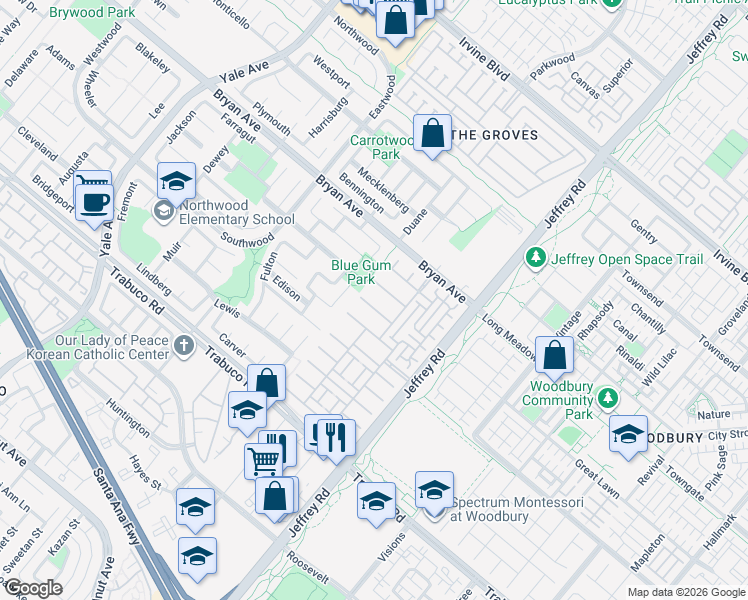 map of restaurants, bars, coffee shops, grocery stores, and more near 27 Antique Rose in Irvine