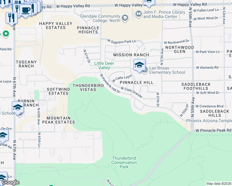 map of restaurants, bars, coffee shops, grocery stores, and more near 5949 West Pinnacle Hill Drive in Glendale