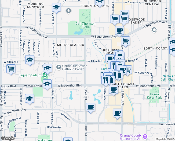 map of restaurants, bars, coffee shops, grocery stores, and more near 3301 South Bear Street in Santa Ana