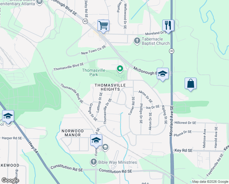 map of restaurants, bars, coffee shops, grocery stores, and more near 1813 Thomasville Drive Southeast in Atlanta