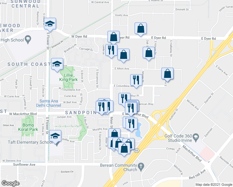 map of restaurants, bars, coffee shops, grocery stores, and more near 3411 South Main Street in Santa Ana