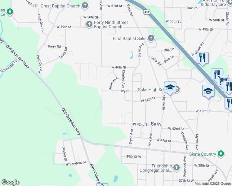 map of restaurants, bars, coffee shops, grocery stores, and more near 930 Ivy Street in Anniston