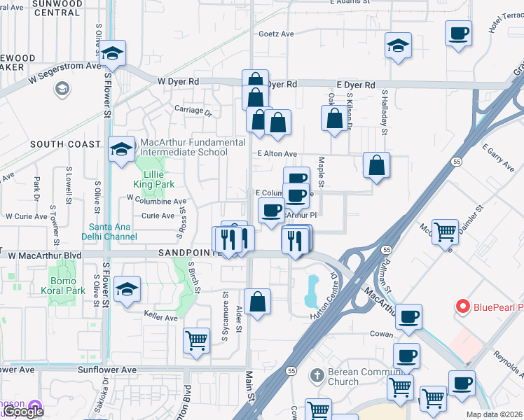 map of restaurants, bars, coffee shops, grocery stores, and more near 3411 South Main Street in Santa Ana