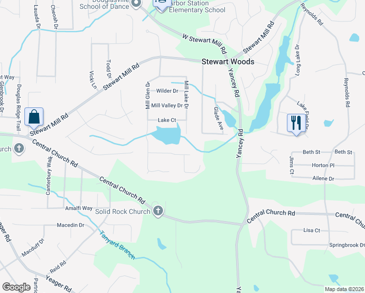 map of restaurants, bars, coffee shops, grocery stores, and more near 5384 South Lake Drive in Douglasville