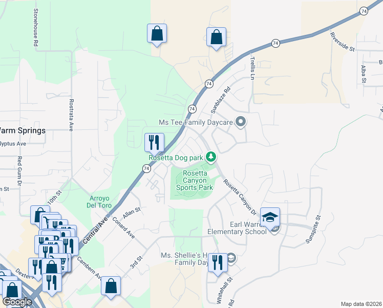 map of restaurants, bars, coffee shops, grocery stores, and more near 39659 Strada Gabrile in Lake Elsinore