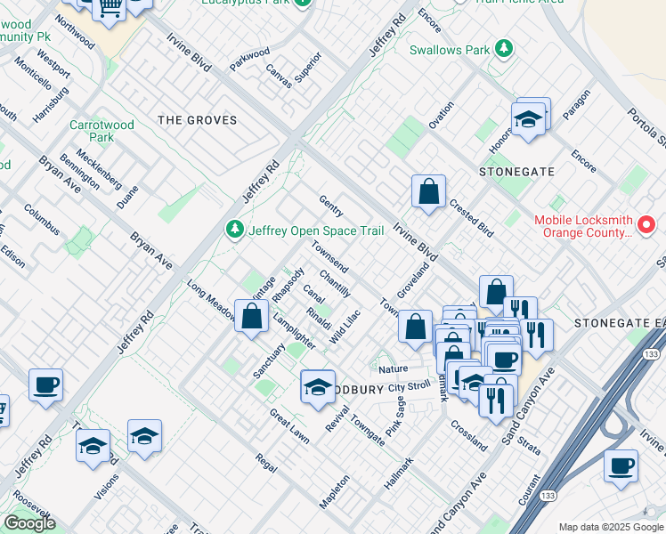 map of restaurants, bars, coffee shops, grocery stores, and more near 76 Townsend in Irvine