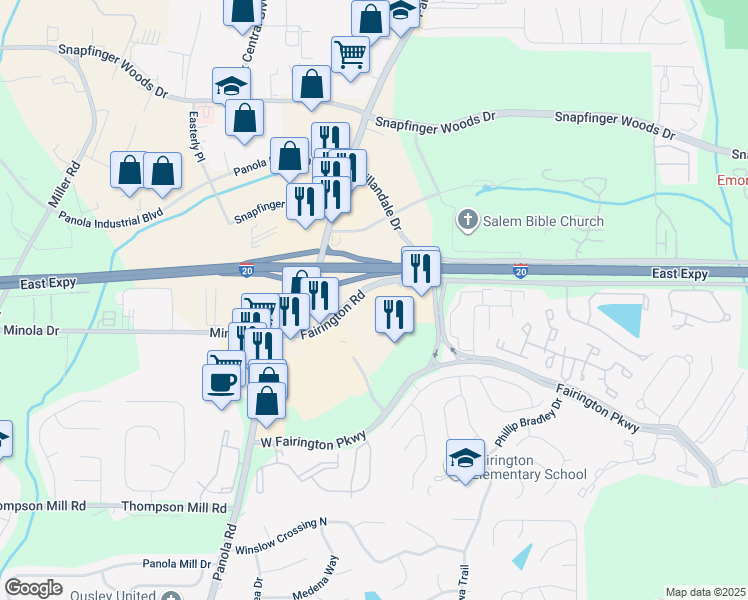 map of restaurants, bars, coffee shops, grocery stores, and more near 5415 Fairington Road in Lithonia