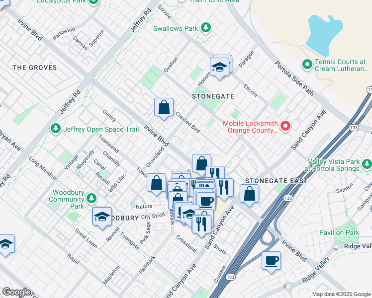 map of restaurants, bars, coffee shops, grocery stores, and more near 7102 Mirasol in Irvine