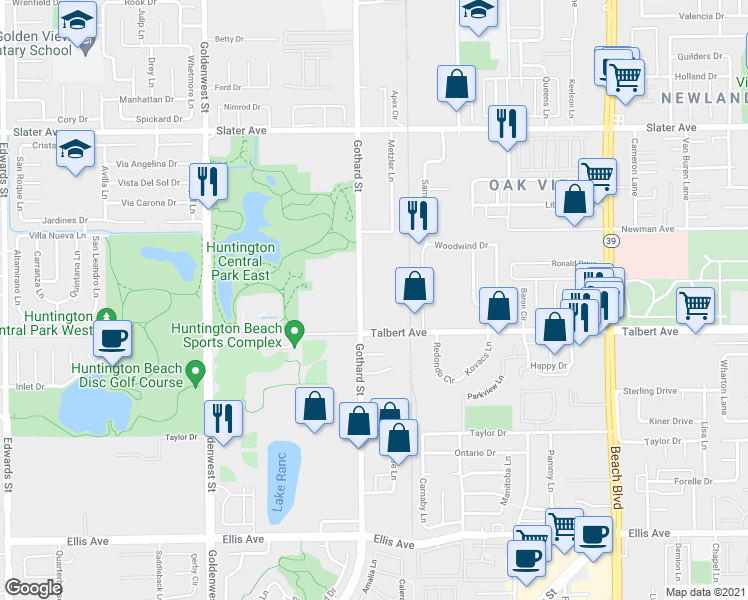 map of restaurants, bars, coffee shops, grocery stores, and more near 17902 Gothard Street in Huntington Beach