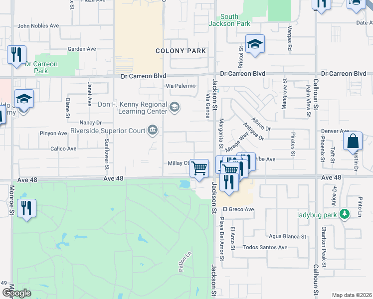 map of restaurants, bars, coffee shops, grocery stores, and more near 82872 Wordsworth Court in Indio