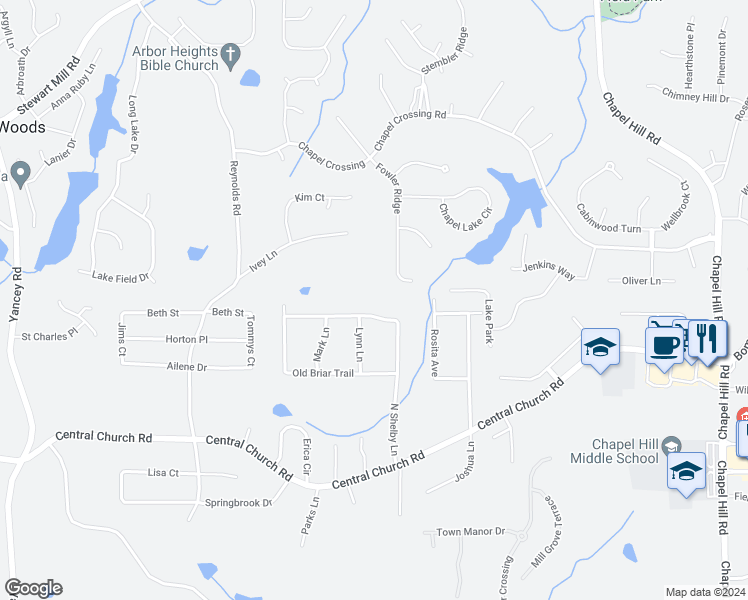 map of restaurants, bars, coffee shops, grocery stores, and more near 5060 Old Briar Trail in Douglasville