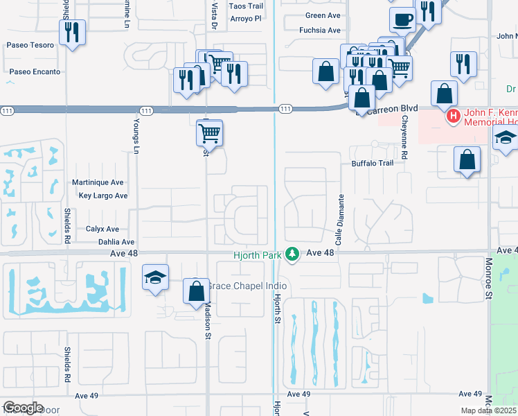 map of restaurants, bars, coffee shops, grocery stores, and more near 47800 Madison Street in Indio