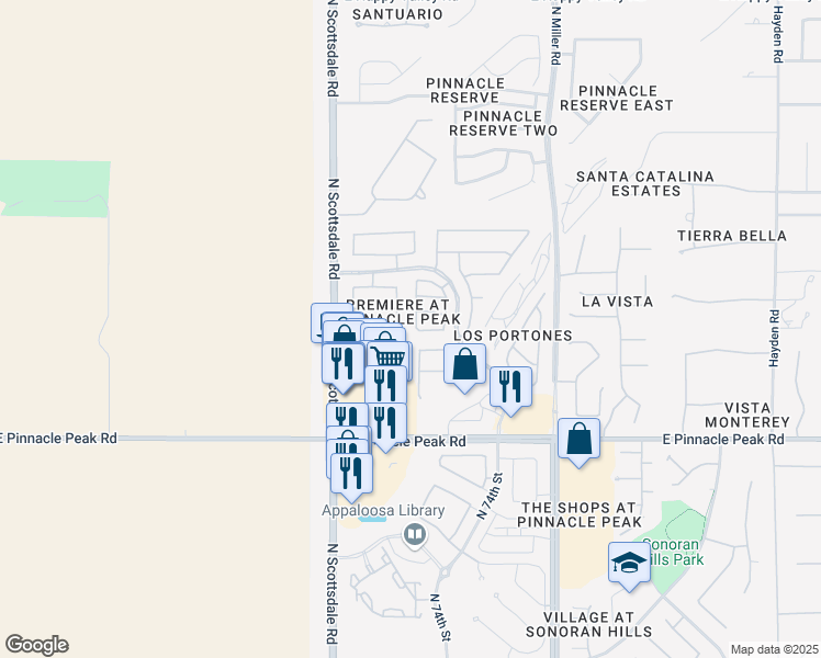 map of restaurants, bars, coffee shops, grocery stores, and more near 23800 North 73rd Place in Scottsdale