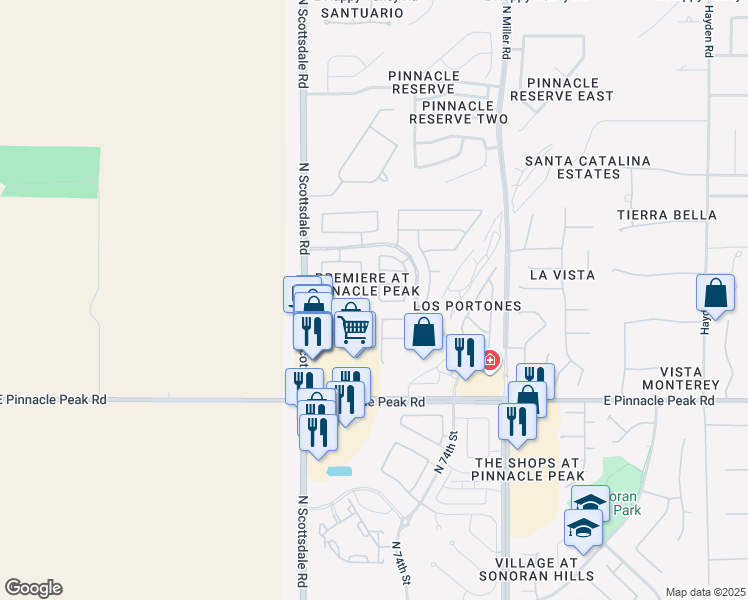 map of restaurants, bars, coffee shops, grocery stores, and more near 23800 North 73rd Place in Scottsdale