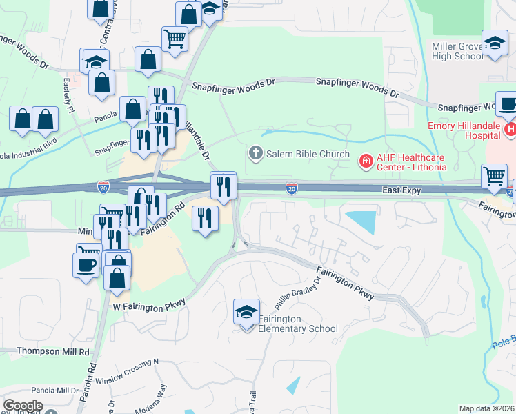 map of restaurants, bars, coffee shops, grocery stores, and more near 21 Rue Fontaine in Stonecrest