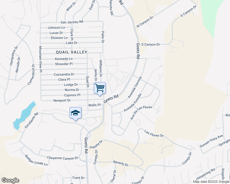 map of restaurants, bars, coffee shops, grocery stores, and more near Goetz Drive in Menifee