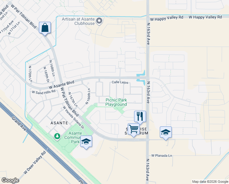 map of restaurants, bars, coffee shops, grocery stores, and more near 23981 North 165th Drive in Surprise