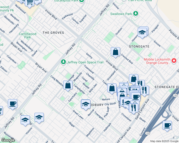 map of restaurants, bars, coffee shops, grocery stores, and more near 76 Townsend in Irvine