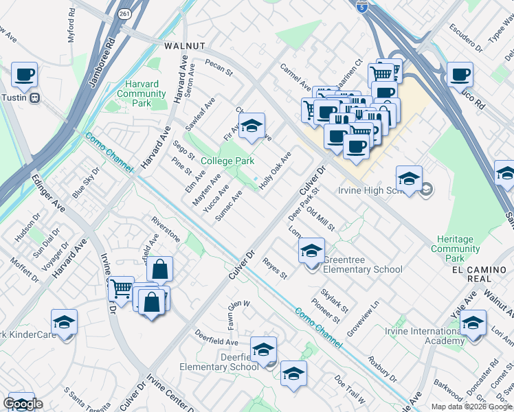 map of restaurants, bars, coffee shops, grocery stores, and more near 3921 Cedron Street in Irvine