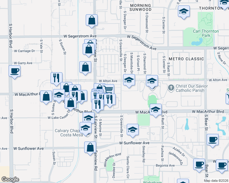 map of restaurants, bars, coffee shops, grocery stores, and more near 2606 West Curie Avenue in Santa Ana