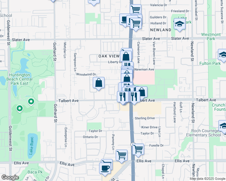 map of restaurants, bars, coffee shops, grocery stores, and more near 7811 Talbert Avenue in Huntington Beach