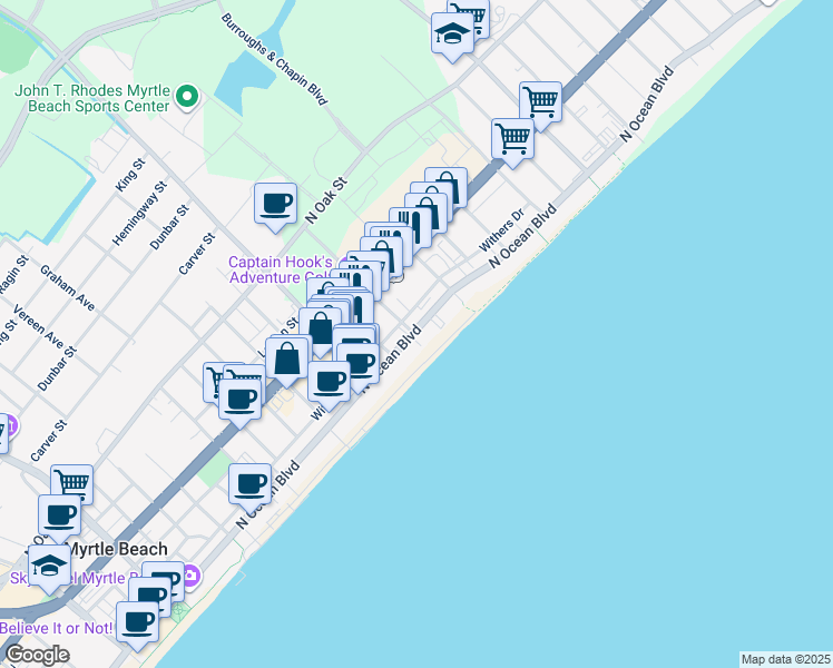 map of restaurants, bars, coffee shops, grocery stores, and more near 2208 North Ocean Boulevard in Myrtle Beach