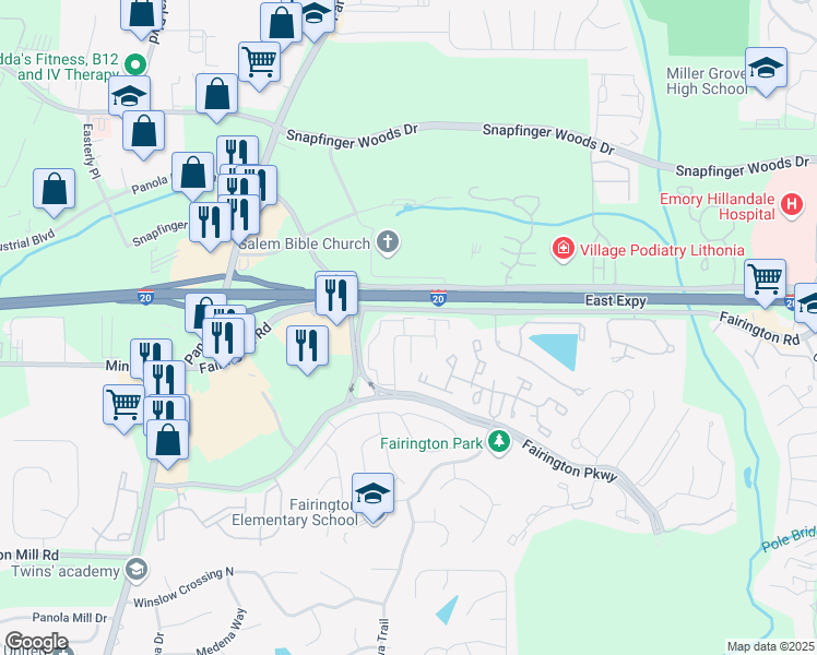 map of restaurants, bars, coffee shops, grocery stores, and more near 21 Rue Fontaine in Stonecrest