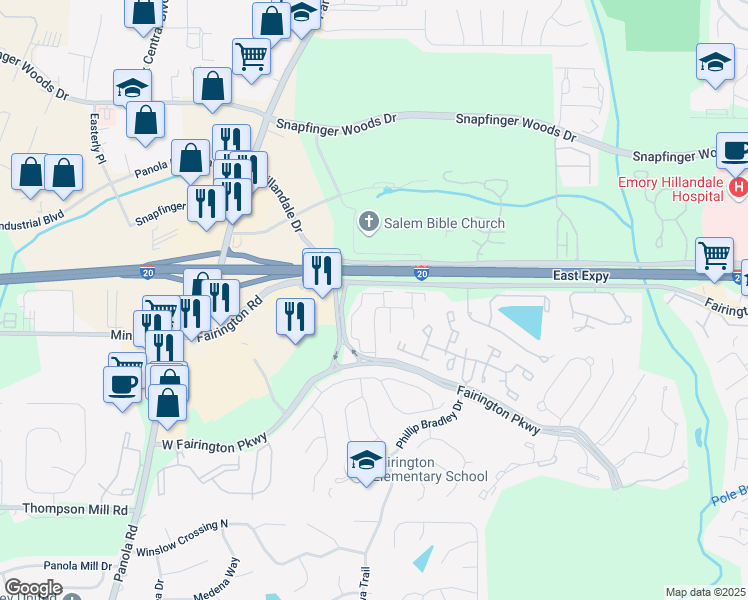 map of restaurants, bars, coffee shops, grocery stores, and more near 123 Rue Fontaine in Stonecrest