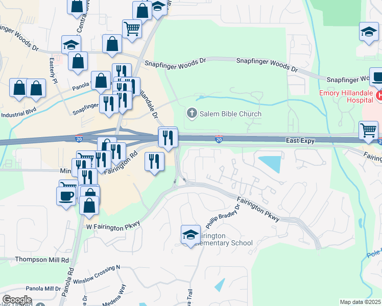 map of restaurants, bars, coffee shops, grocery stores, and more near 122 Rue Fontaine in Stonecrest